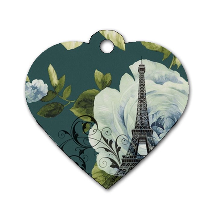 Blue roses vintage Paris Eiffel Tower floral fashion decor Dog Tag Heart (Two Sided)