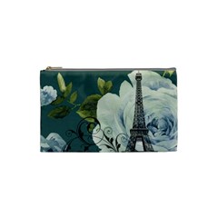 Blue Roses Vintage Paris Eiffel Tower Floral Fashion Decor Cosmetic Bag (small) by chicelegantboutique