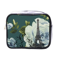 Blue Roses Vintage Paris Eiffel Tower Floral Fashion Decor Mini Travel Toiletry Bag (one Side)