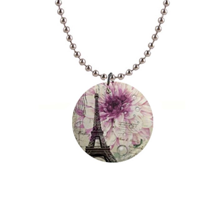 Purple Floral Vintage Paris Eiffel Tower Art Button Necklace