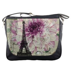 Purple Floral Vintage Paris Eiffel Tower Art Messenger Bag by chicelegantboutique