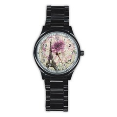 Purple Floral Vintage Paris Eiffel Tower Art Sport Metal Watch (black) by chicelegantboutique