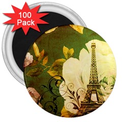 Floral Eiffel Tower Vintage French Paris 3  Button Magnet (100 Pack)