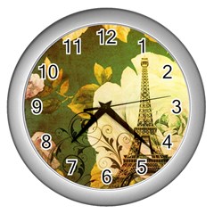 Floral Eiffel Tower Vintage French Paris Wall Clock (silver)