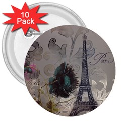 Floral Vintage Paris Eiffel Tower Art 3  Button (10 Pack)