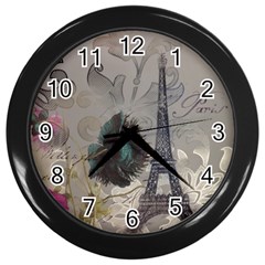 Floral Vintage Paris Eiffel Tower Art Wall Clock (black) by chicelegantboutique