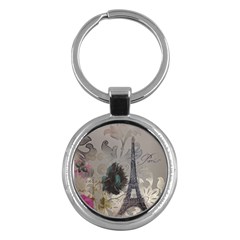 Floral Vintage Paris Eiffel Tower Art Key Chain (round)