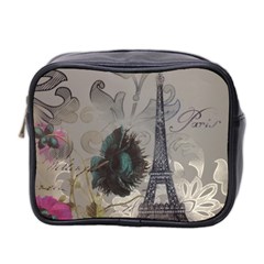 Floral Vintage Paris Eiffel Tower Art Mini Travel Toiletry Bag (two Sides) by chicelegantboutique