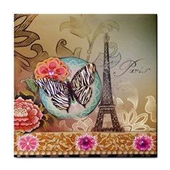 Fuschia Flowers Butterfly Eiffel Tower Vintage Paris Fashion Ceramic Tile