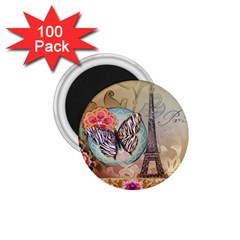 Fuschia Flowers Butterfly Eiffel Tower Vintage Paris Fashion 1 75  Button Magnet (100 Pack)