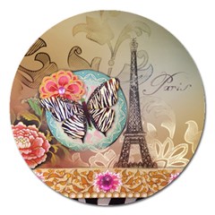 Fuschia Flowers Butterfly Eiffel Tower Vintage Paris Fashion Magnet 5  (round)