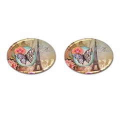 Fuschia Flowers Butterfly Eiffel Tower Vintage Paris Fashion Cufflinks (oval)