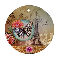 Fuschia Flowers Butterfly Eiffel Tower Vintage Paris Fashion Round Ornament (two Sides) by chicelegantboutique