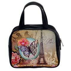 Fuschia Flowers Butterfly Eiffel Tower Vintage Paris Fashion Classic Handbag (two Sides) by chicelegantboutique