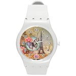 Fuschia Flowers Butterfly Eiffel Tower Vintage Paris Fashion Plastic Sport Watch (Medium) Front