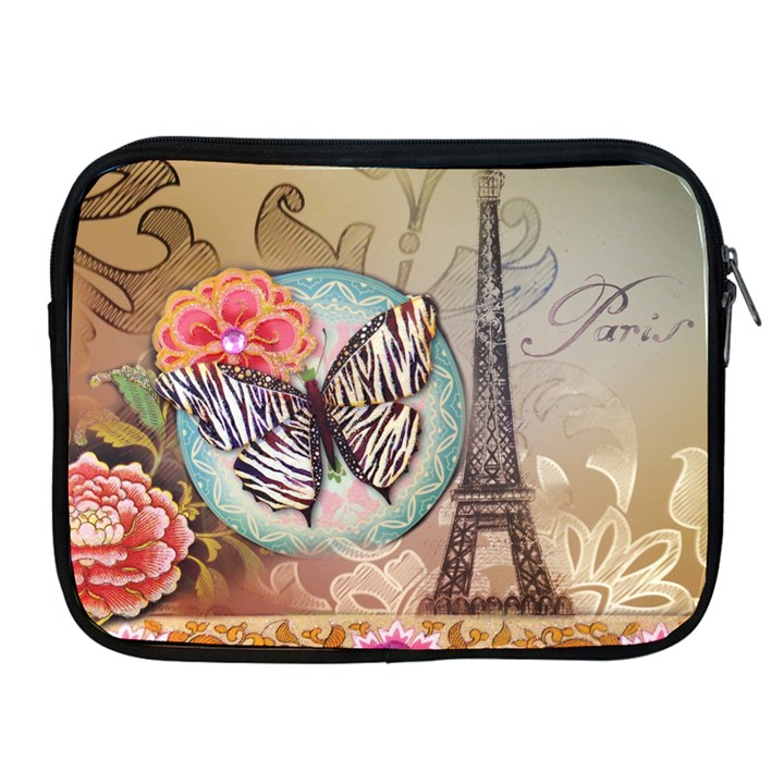 Fuschia Flowers Butterfly Eiffel Tower Vintage Paris Fashion Apple iPad 2/3/4 Zipper Case