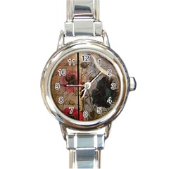 Vintage Bird Poppy Flower Botanical Art Round Italian Charm Watch by chicelegantboutique