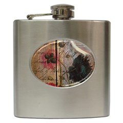 Vintage Bird Poppy Flower Botanical Art Hip Flask