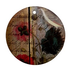 Vintage Bird Poppy Flower Botanical Art Round Ornament (two Sides) by chicelegantboutique