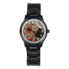 Vintage Bird Poppy Flower Botanical Art Sport Metal Watch (black) by chicelegantboutique