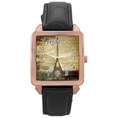 Elegant Vintage Paris Eiffel Tower Art Rose Gold Leather Watch 