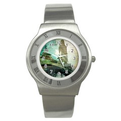 Modern Shopaholic Girl  Paris Eiffel Tower Art  Stainless Steel Watch (unisex) by chicelegantboutique