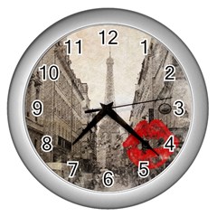 Elegant Red Kiss Love Paris Eiffel Tower Wall Clock (silver) by chicelegantboutique