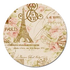 Floral Eiffel Tower Vintage French Paris Art Magnet 5  (round)