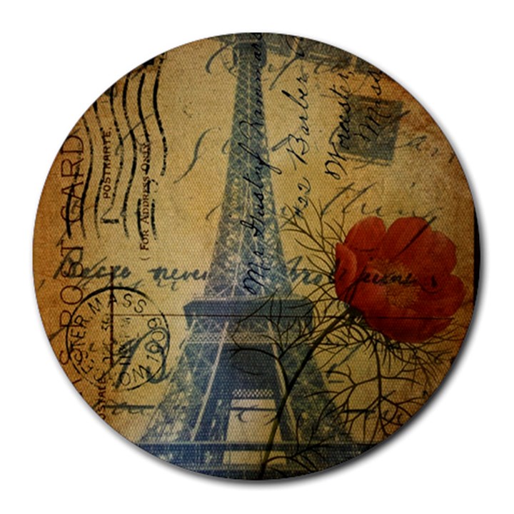 Vintage Stamps Postage Poppy Flower Floral Eiffel Tower Vintage Paris 8  Mouse Pad (Round)