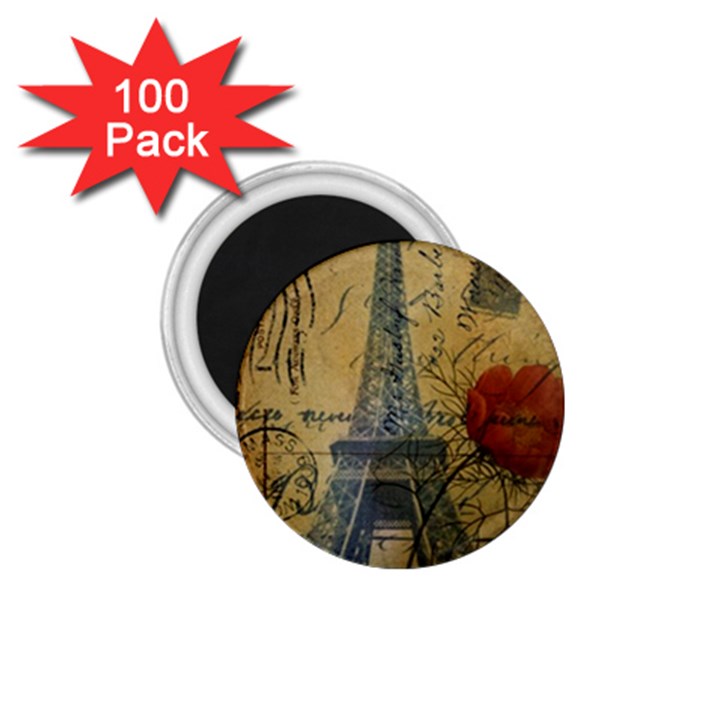 Vintage Stamps Postage Poppy Flower Floral Eiffel Tower Vintage Paris 1.75  Button Magnet (100 pack)