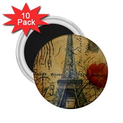 Vintage Stamps Postage Poppy Flower Floral Eiffel Tower Vintage Paris 2 25  Button Magnet (10 Pack)