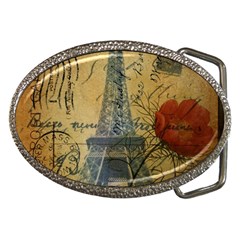 Vintage Stamps Postage Poppy Flower Floral Eiffel Tower Vintage Paris Belt Buckle (oval) by chicelegantboutique