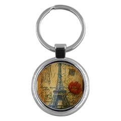 Vintage Stamps Postage Poppy Flower Floral Eiffel Tower Vintage Paris Key Chain (round) by chicelegantboutique