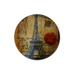 Vintage Stamps Postage Poppy Flower Floral Eiffel Tower Vintage Paris Drink Coaster (round) by chicelegantboutique