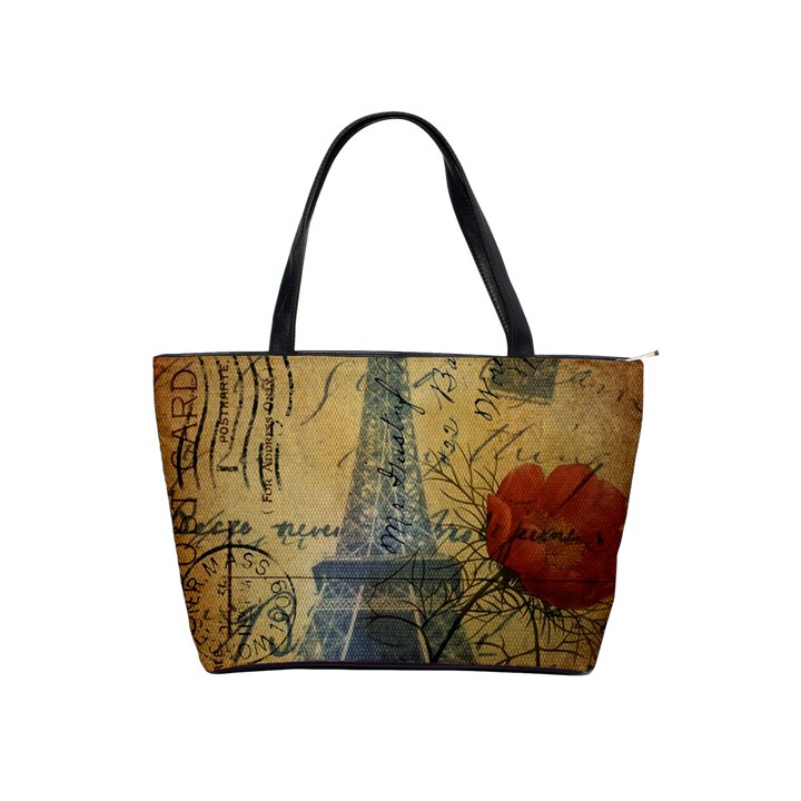 Vintage Stamps Postage Poppy Flower Floral Eiffel Tower Vintage Paris Large Shoulder Bag