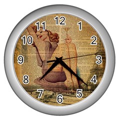 Vintage Newspaper Print Pin Up Girl Paris Eiffel Tower Wall Clock (silver) by chicelegantboutique