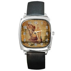 Vintage Newspaper Print Pin Up Girl Paris Eiffel Tower Square Leather Watch by chicelegantboutique