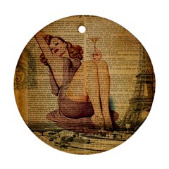 Vintage Newspaper Print Pin Up Girl Paris Eiffel Tower Round Ornament (two Sides) by chicelegantboutique