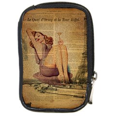 Vintage Newspaper Print Pin Up Girl Paris Eiffel Tower Compact Camera Leather Case by chicelegantboutique