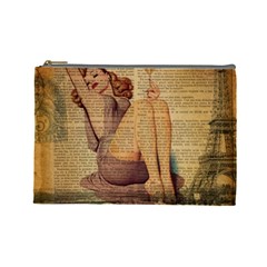 Vintage Newspaper Print Pin Up Girl Paris Eiffel Tower Cosmetic Bag (large) by chicelegantboutique