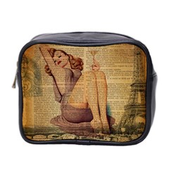 Vintage Newspaper Print Pin Up Girl Paris Eiffel Tower Mini Travel Toiletry Bag (two Sides) by chicelegantboutique