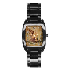 Vintage Newspaper Print Pin Up Girl Paris Eiffel Tower Men s Stainless Steel Barrel Analog Watch