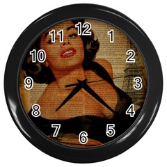 Vintage Newspaper Print Pin Up Girl Paris Eiffel Tower Wall Clock (black) by chicelegantboutique