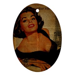 Vintage Newspaper Print Pin Up Girl Paris Eiffel Tower Oval Ornament (two Sides) by chicelegantboutique