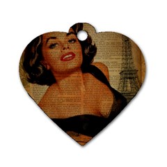 Vintage Newspaper Print Pin Up Girl Paris Eiffel Tower Dog Tag Heart (one Sided) 