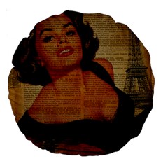 Vintage Newspaper Print Pin Up Girl Paris Eiffel Tower 18  Premium Round Cushion  by chicelegantboutique