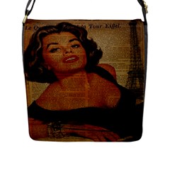 Vintage Newspaper Print Pin Up Girl Paris Eiffel Tower Flap Closure Messenger Bag (large) by chicelegantboutique