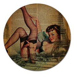 Vintage Newspaper Print Sexy Hot Pin Up Girl Paris Eiffel Tower Magnet 5  (round) by chicelegantboutique
