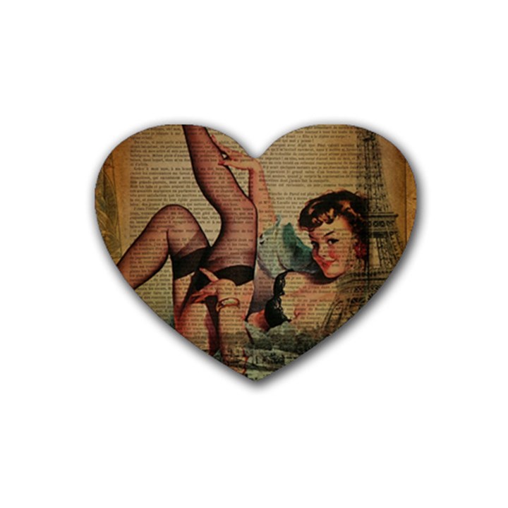 Vintage Newspaper Print Sexy Hot Pin Up Girl Paris Eiffel Tower Drink Coasters (Heart)