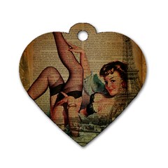 Vintage Newspaper Print Sexy Hot Pin Up Girl Paris Eiffel Tower Dog Tag Heart (two Sided) by chicelegantboutique